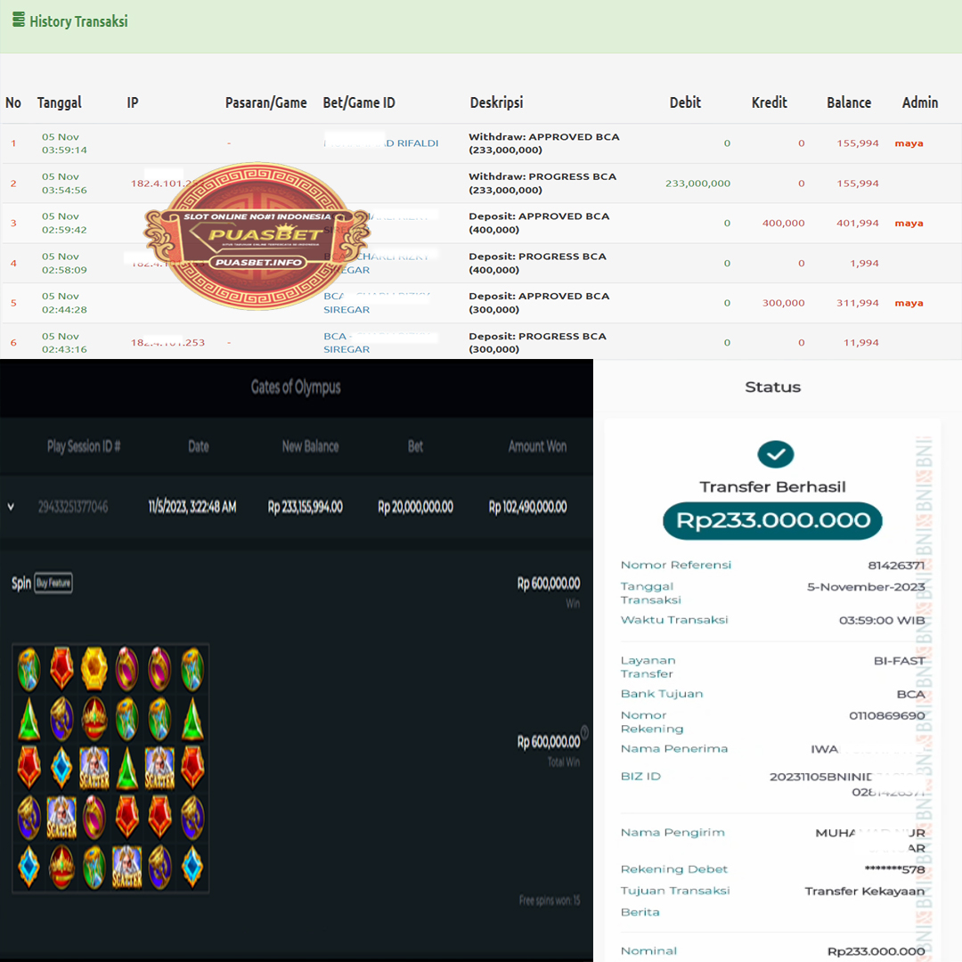 BUKTI WD PUASBET 05 NOV 2023 (JACKPOT GATES OF OLYMPUS Rp. 233.000.000 – LUNAS)