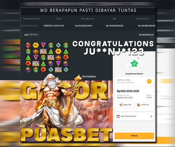 BUKTI WD PUASBET 09 NOV 2023 (JACKPOT GATES OF OLYMPUS Rp. 100.000.000 – LUNAS)