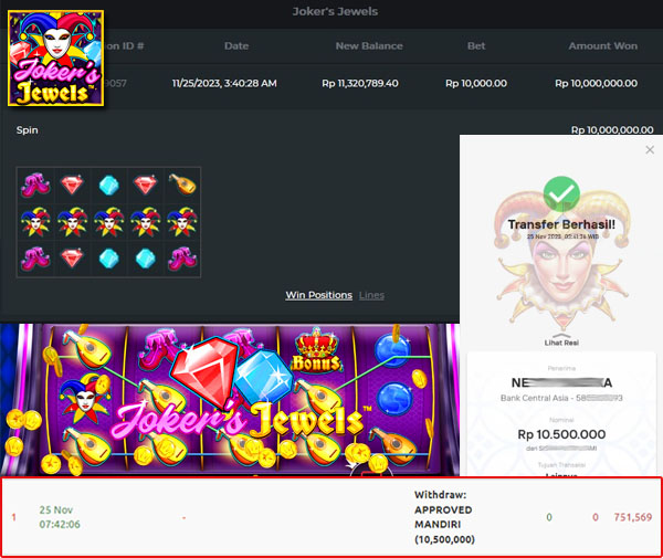 BUKTI WD PUASBET 25 NOV 2023 ( JOKER JEWELS Rp. 10,500,000– LUNAS)