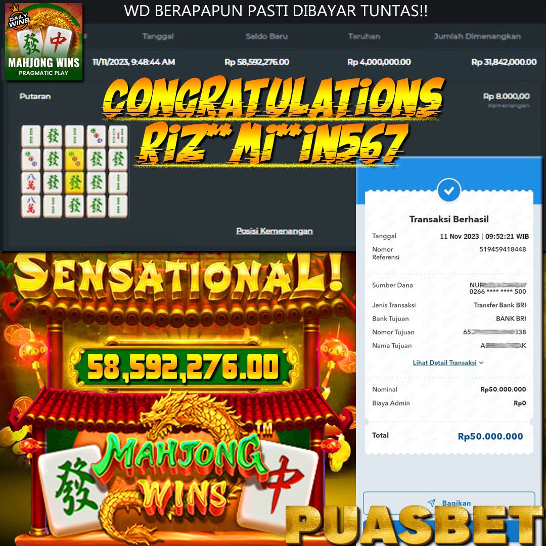 BUKTI WD PUASBET 11 NOV 2023 (JACKPOT MAHJONG WINS PRAGMATIK PLAY Rp. 50.000.000 – LUNAS)