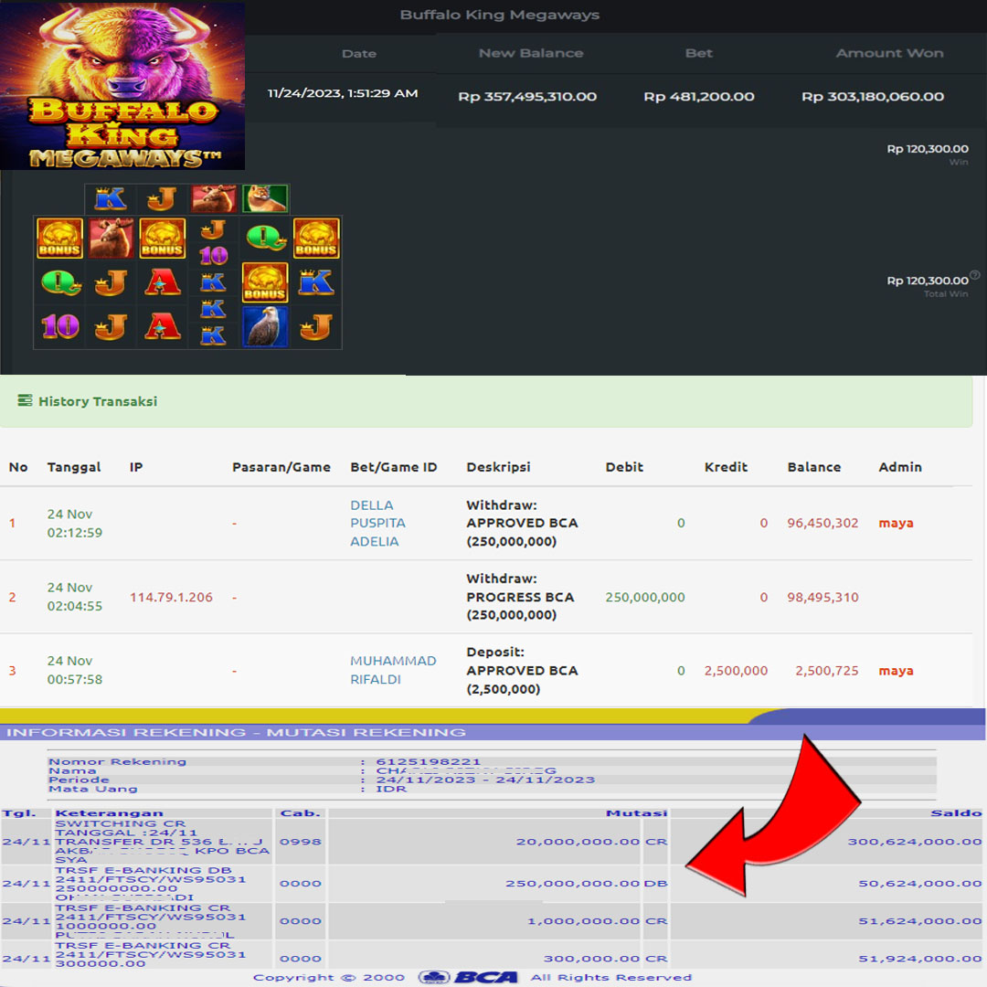 BUKTI WD PUASBET 24 NOV 2023 ( BUFFALLO KING MEGAWAYS Rp. 250,000,000– LUNAS)