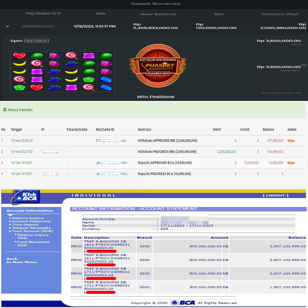 BUKTI WD PUASBET 17 NOV 2023 (SWEET BONANZA  Rp. 2,000,000,000 – LUNAS)