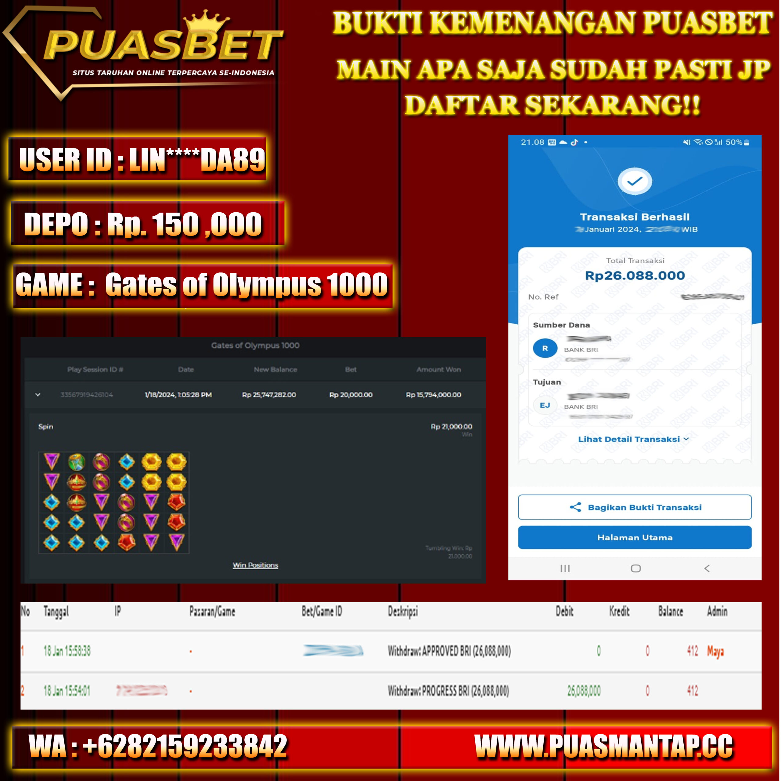 BUKTI WD PUASBET 18 JAN 2024 ( Gates of Olympus 1000 ) Rp.26,088,000 – LUNAS)