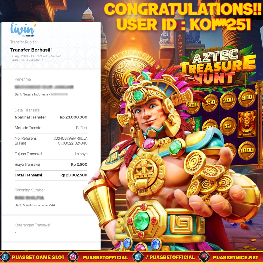 BUKTI WD PUASBET 30 AGUSTUS 2024 ( Aztec Treasure Hunt Pragmatic Play ) Rp 23,000,000 – LUNAS)