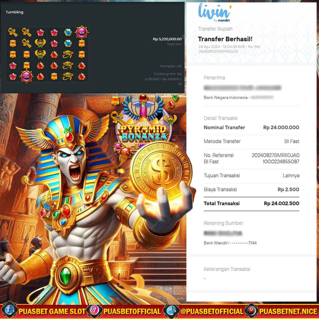 BUKTI WD PUASBET 28 AGUSTUS 2024 ( Pyramid Bonanza Pragmatic Play ) Rp 24,000,000 – LUNAS)