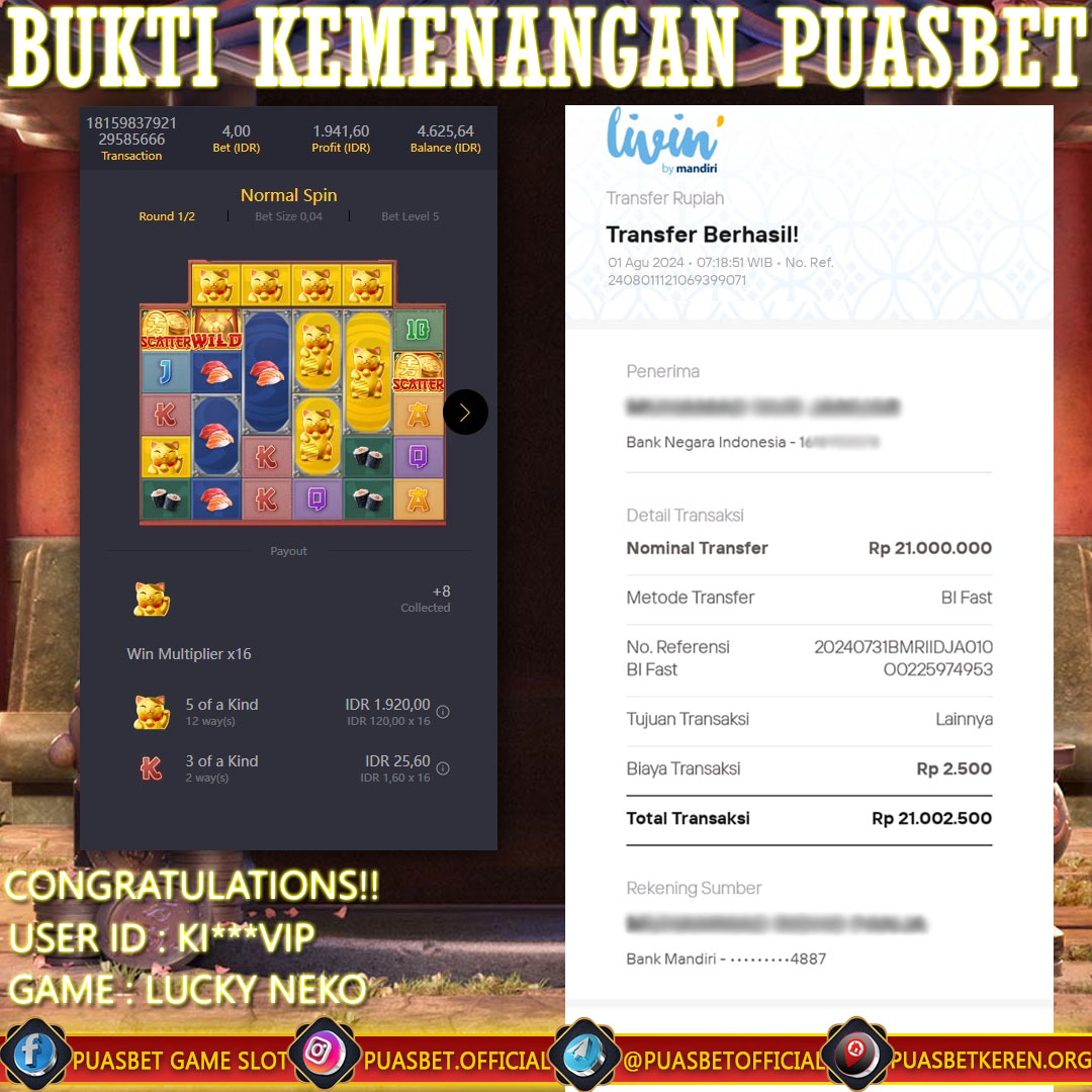 BUKTI WD PUASBET 01  AGUSTUS 2024 ( Lucky Neko Pgsoft  ) Rp 21,000,000 – LUNAS)