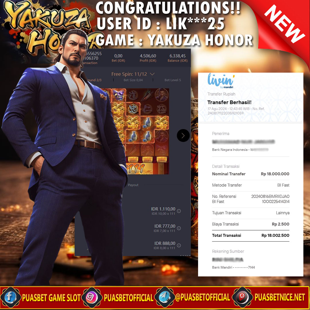 BUKTI WD PUASBET 17 AGUSTUS 2024 ( Yakuza Honor Pgsoft) Rp 18,000,000 – LUNAS)