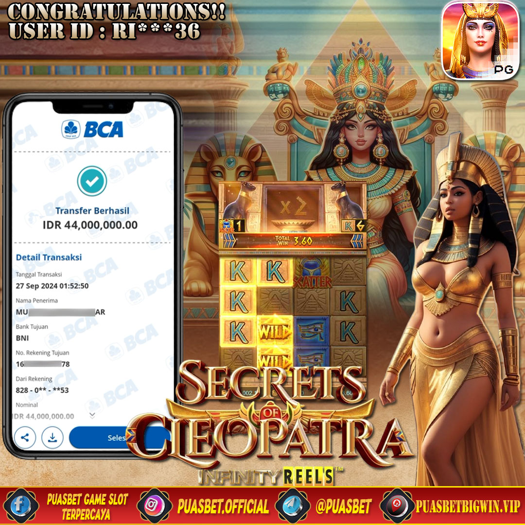 BUKTI WD PUASBET 27 SEPTEMBER 2024 ( Secrets of Cleopatra PG SOFT  ) Rp 44,000,000 – LUNAS)