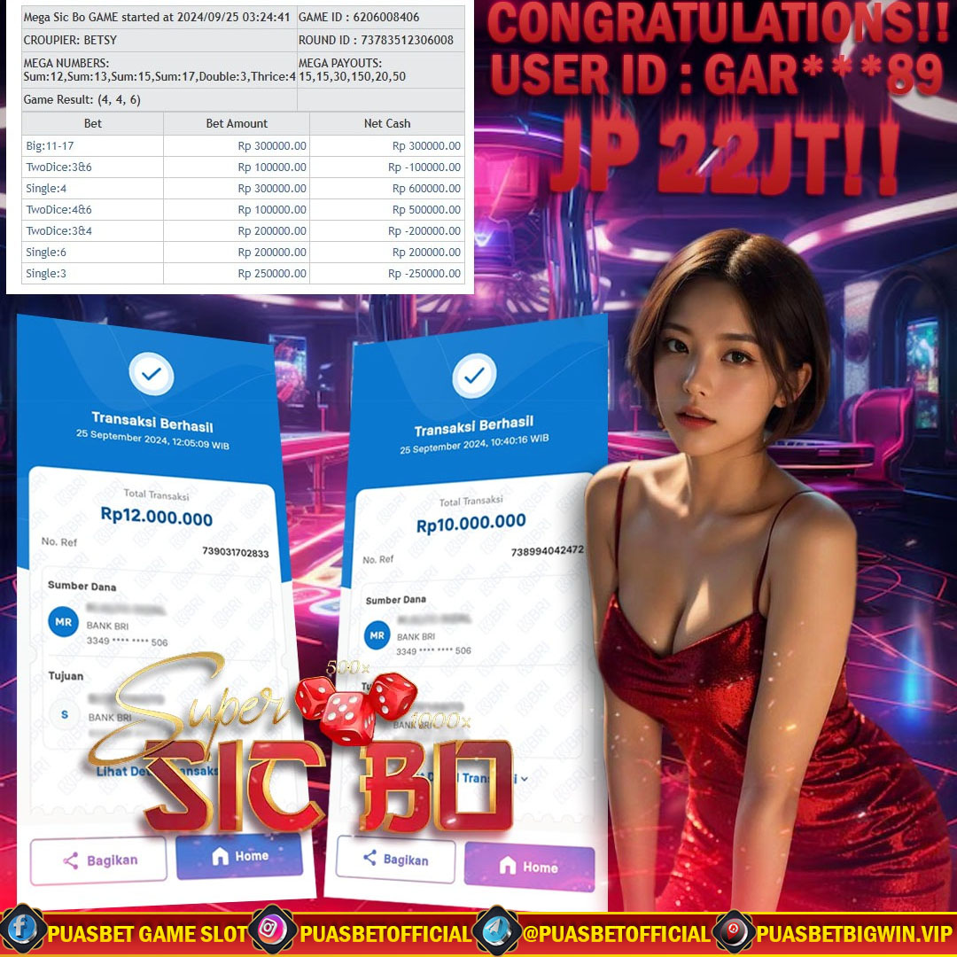 BUKTI WD PUASBET 25 SEPTEMBER 2024 ( Mega Sicbo Live Casino  ) Rp 22,000,000 – LUNAS)