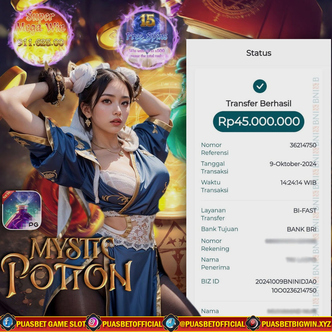 BUKTI WD PUASBET 09 OCTOBER 2024 ( Mystic Potion Pgsoft ) Rp 45.000.000 – LUNAS)