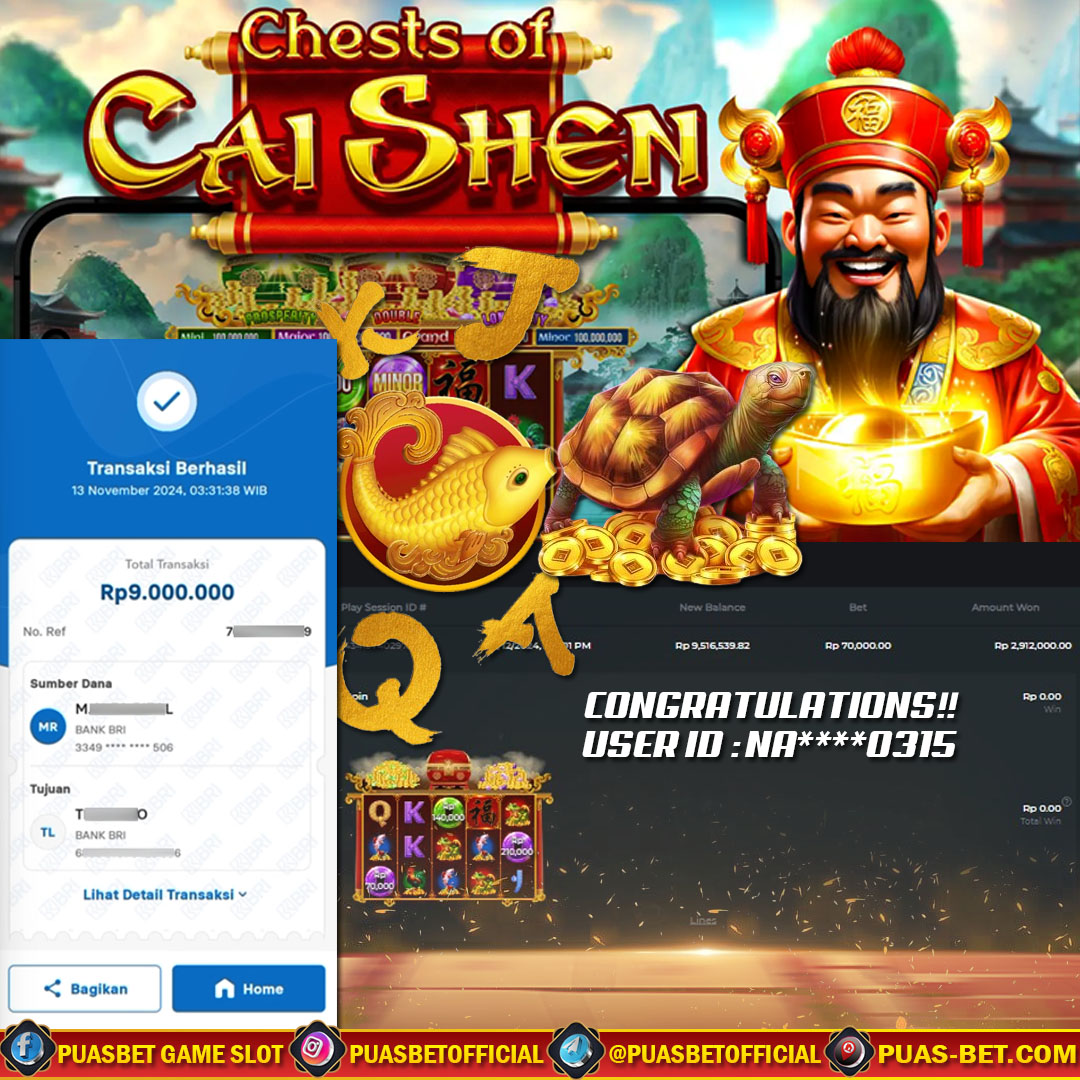 BUKTI WD PUASBET 13 NOVEMBER 2024 (Chests of Cai Shen Pragmatic Play) Rp 9.000.000 – LUNAS)