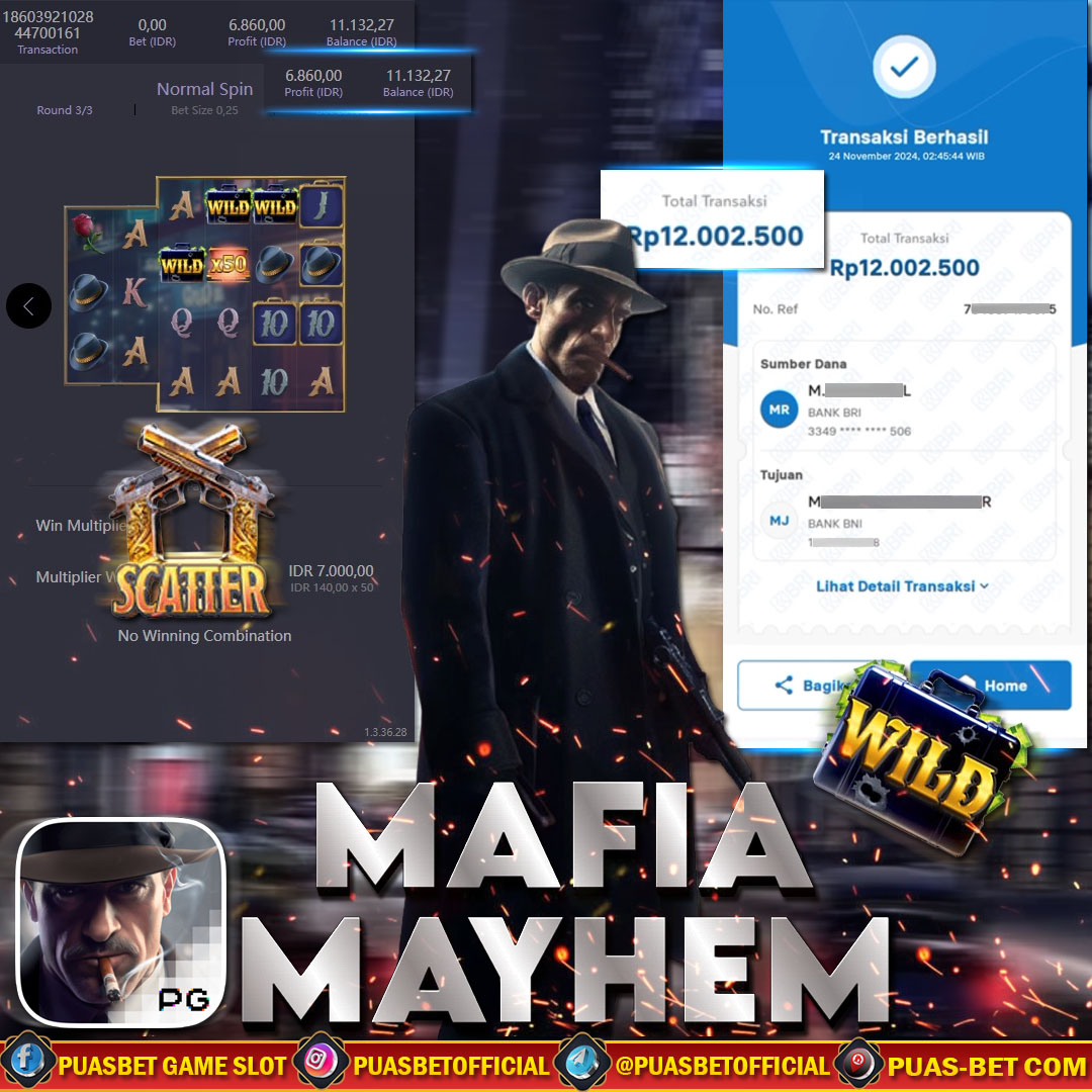 BUKTI WD PUASBET 24 NOVEMBER 2024 (Mafia Mayhem Pg Soft ) Rp 12.000,000 – LUNAS)