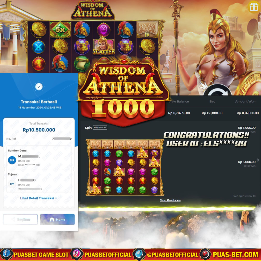 BUKTI WD PUASBET 18 NOVEMBER 2024 ( Athena Of Wisdom1000 Pragmatic play ) Rp 10.500.000 – LUNAS)